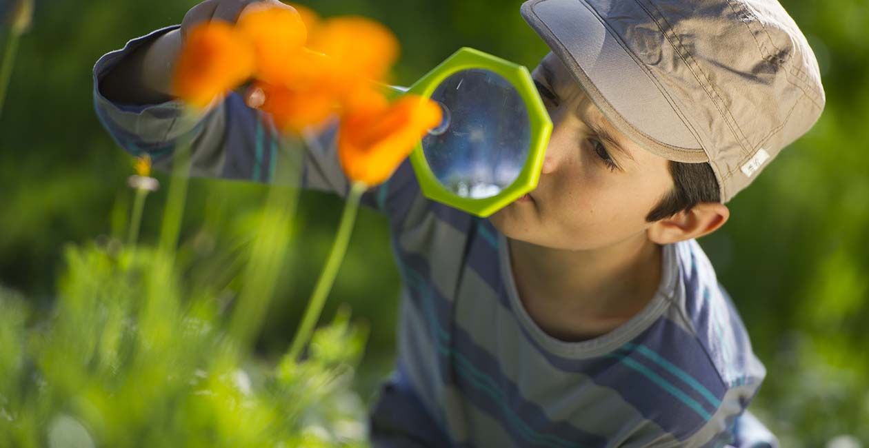 Boy in brown hat looking at orange flower through magnifying glass
